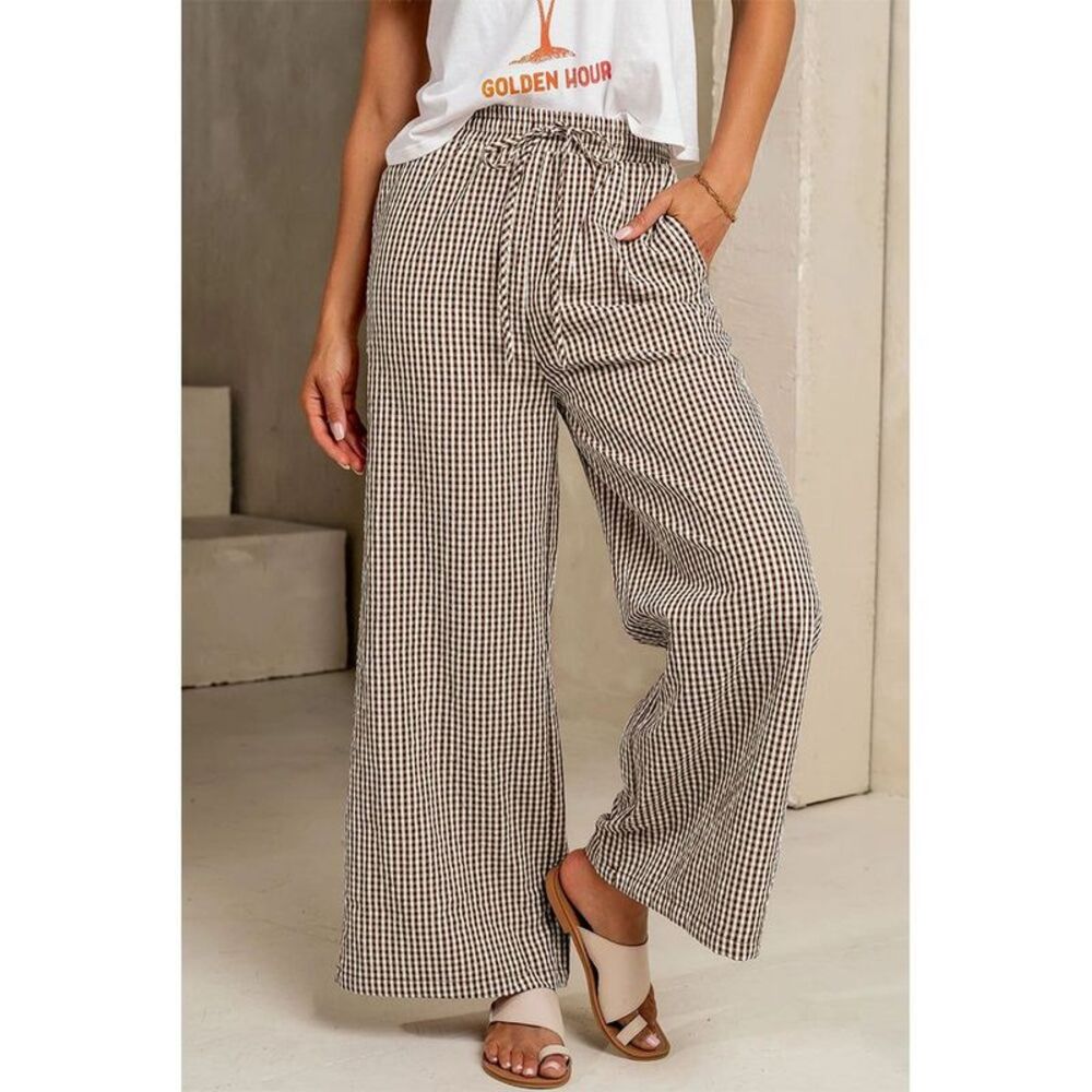 Attraco Women's Gingham Wide Leg Pants with Drawstring Waist & Pockets Coffee L